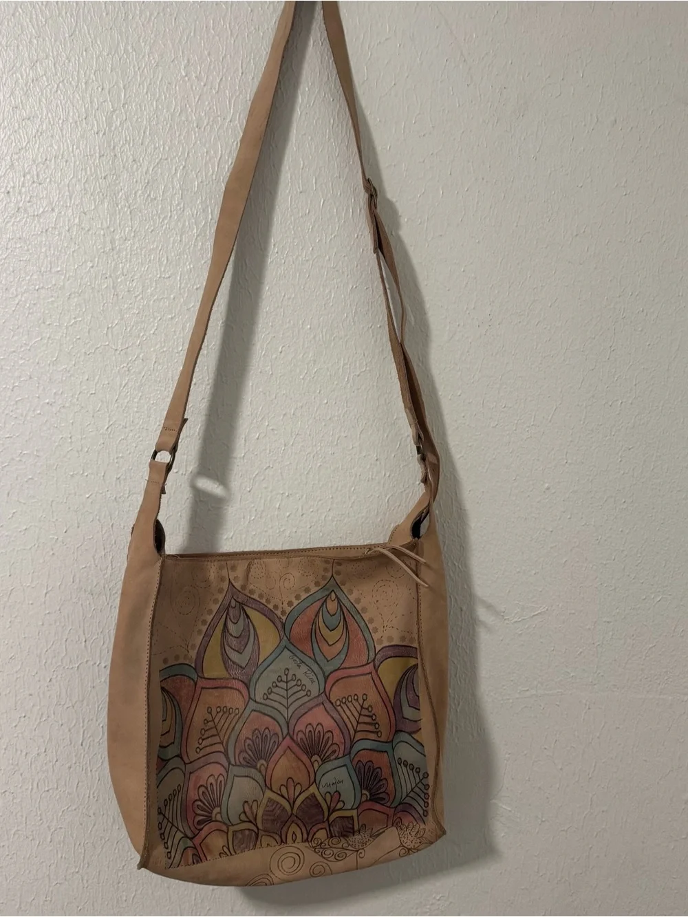 Tan Floral Mandala Print One Side Shoulder Bag with Multicolor Print Boho Costa